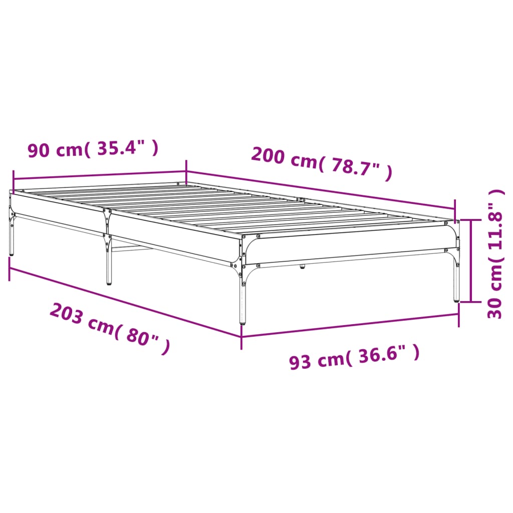 Bed Frame Sonoma Oak 90x200 cm Engineered Wood and Metal