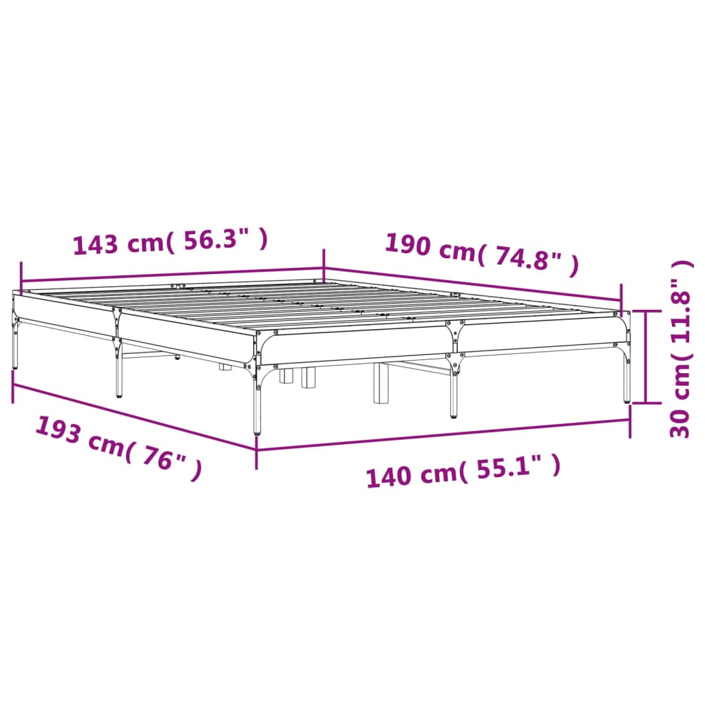 Bed Frame Sonoma Oak 140x190 cm Engineered Wood and Metal