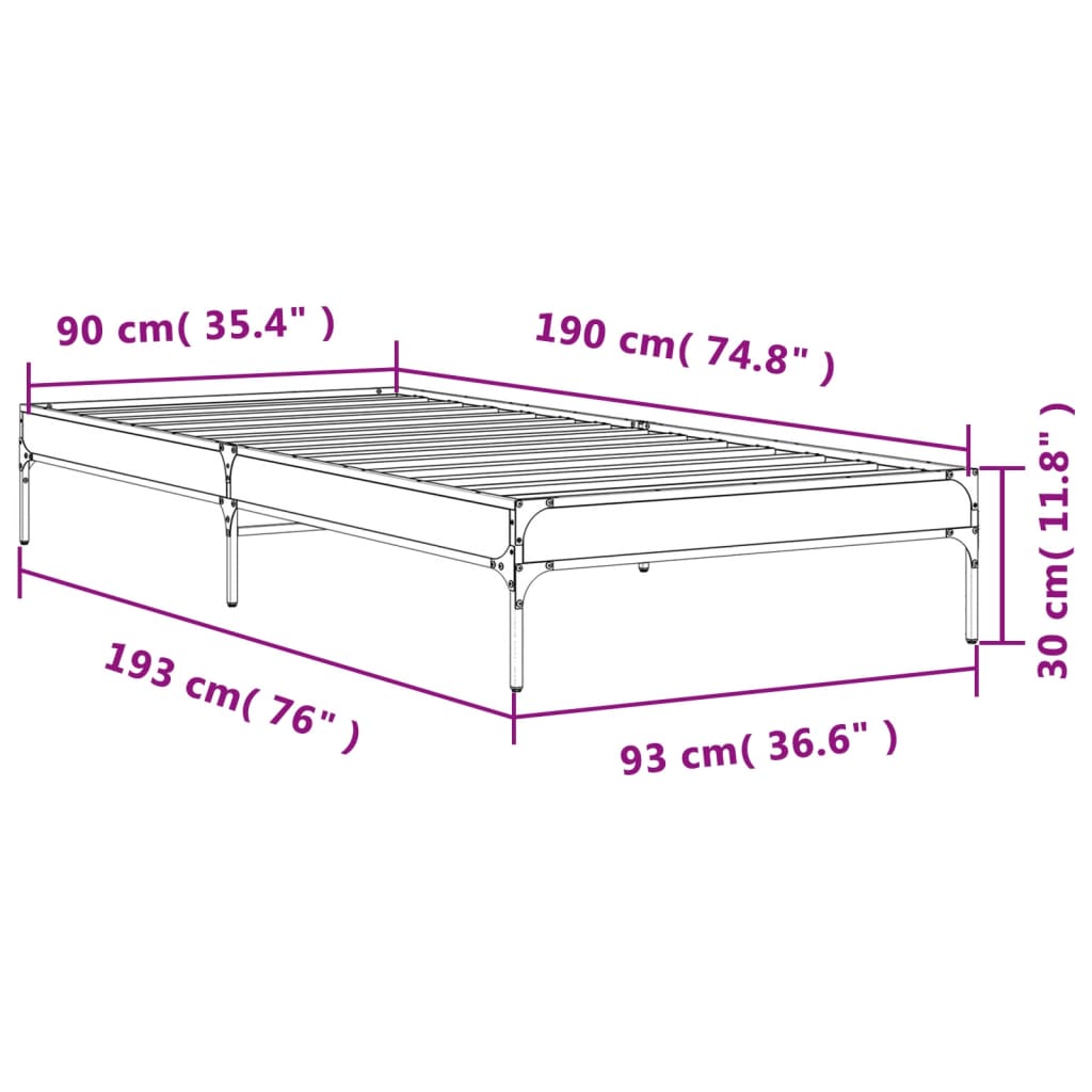 Bed Frame Grey Sonoma 90x190 cm Single Engineered Wood and Metal