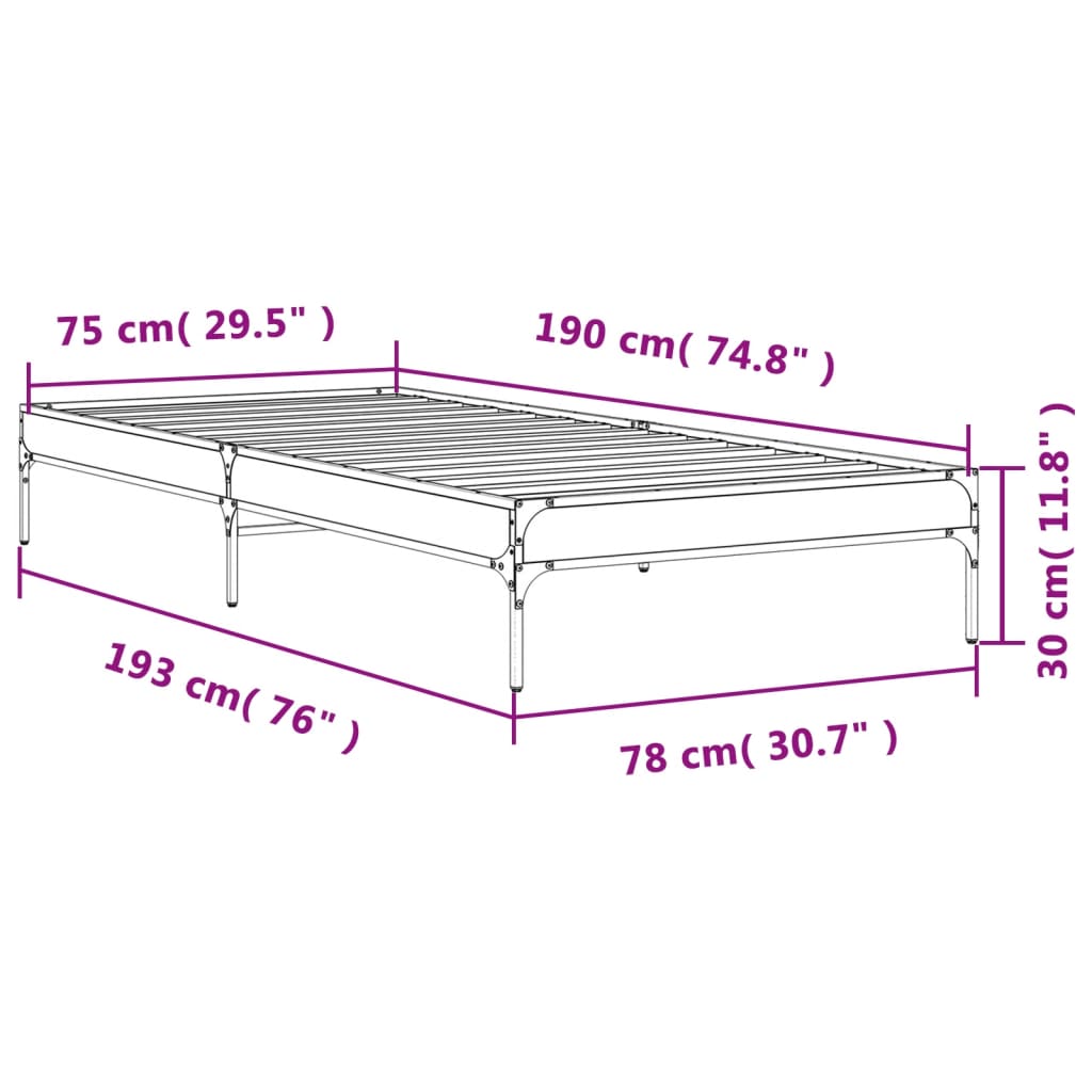 Bed Frame Grey Sonoma 75x190 cm Small Single Engineered Wood and Metal