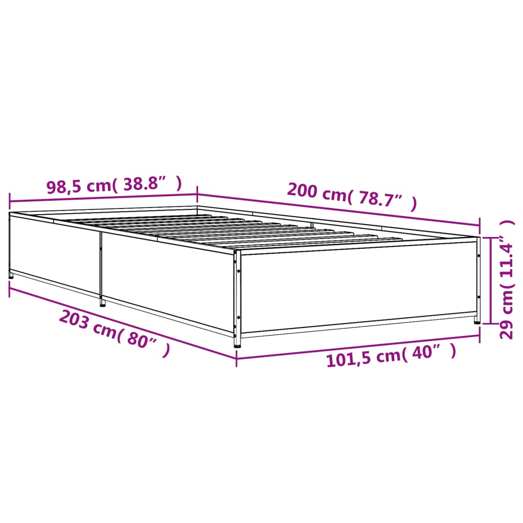 Bed Frame Smoked Oak 100x200 cm Engineered Wood and Metal