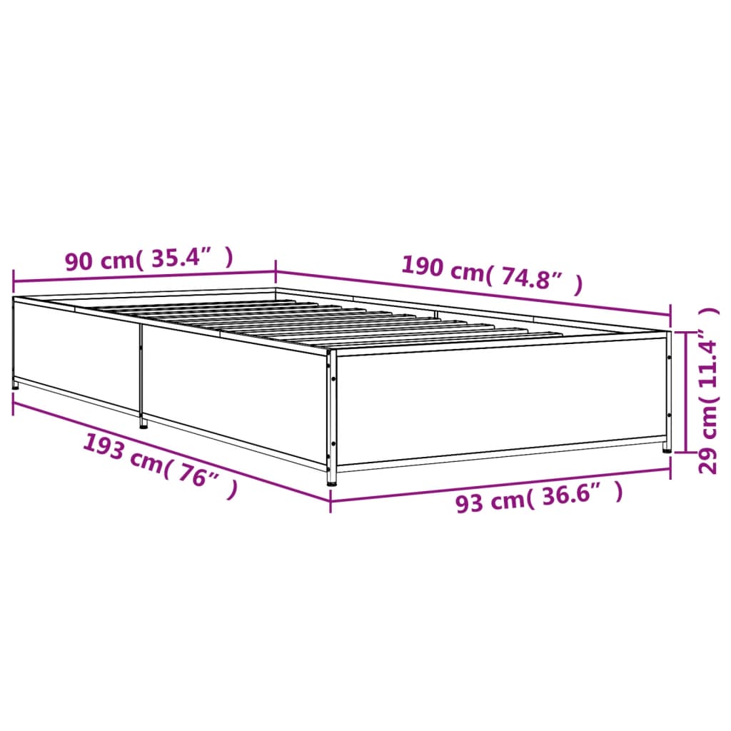 Bed Frame Sonoma Oak 90x190 cm Single Engineered Wood and Metal