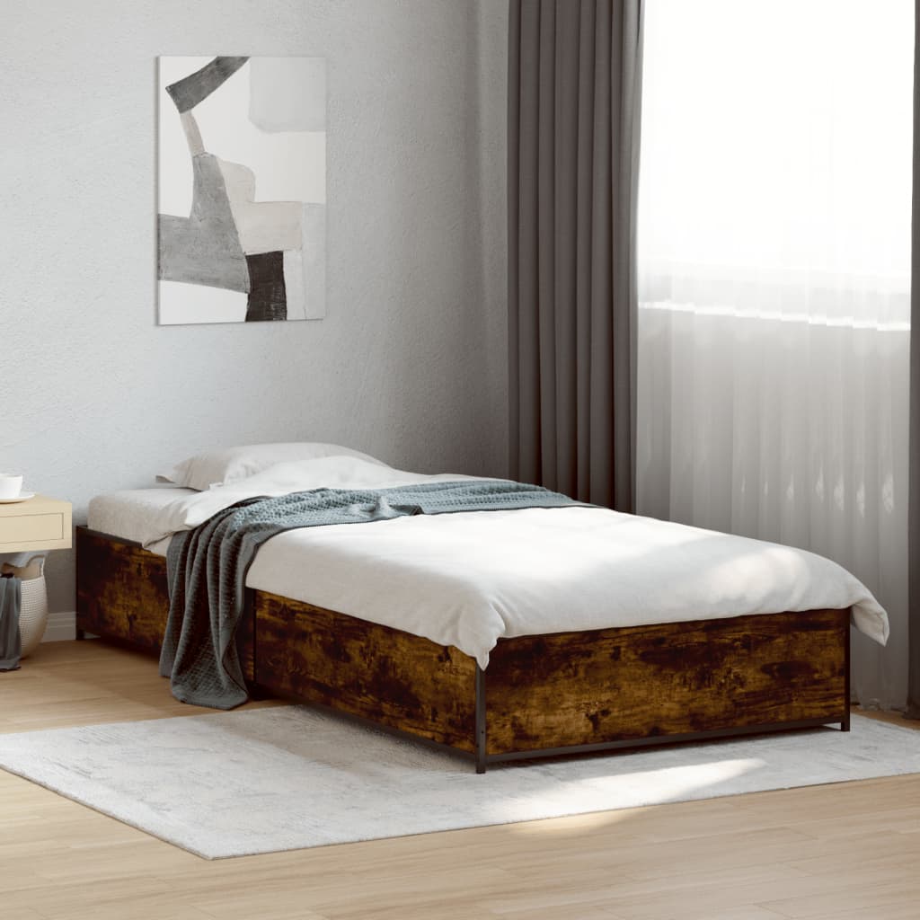 Bed Frame Smoked Oak 90x190 cm Single Engineered Wood and Metal