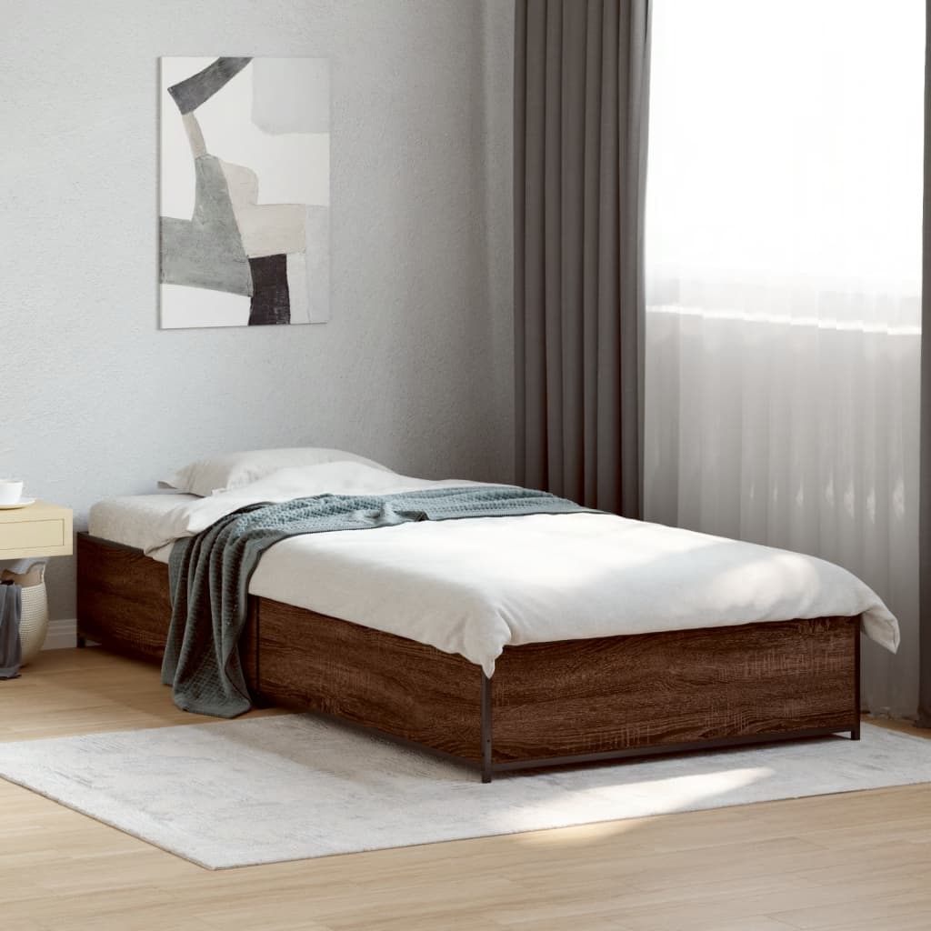 Bed Frame Brown Oak 90x190 cm Single Engineered Wood and Metal