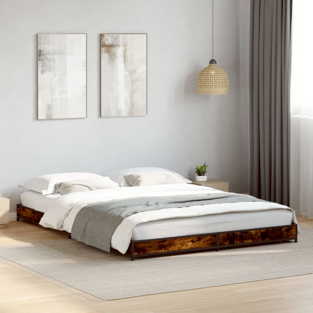 Bed Frame Smoked Oak 150x200 cm King Size Engineered Wood and Metal