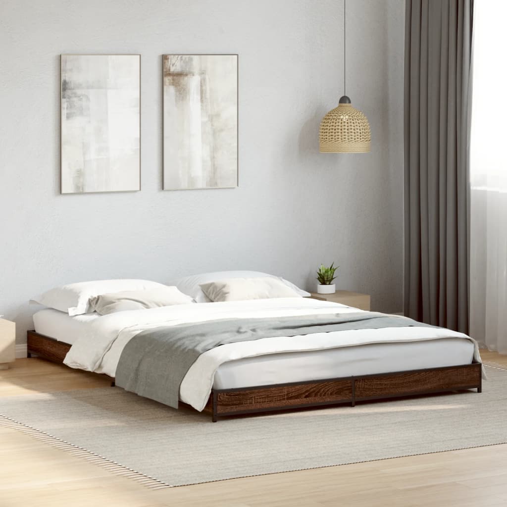 Bed Frame Brown Oak 150x200 cm King Size Engineered Wood and Metal