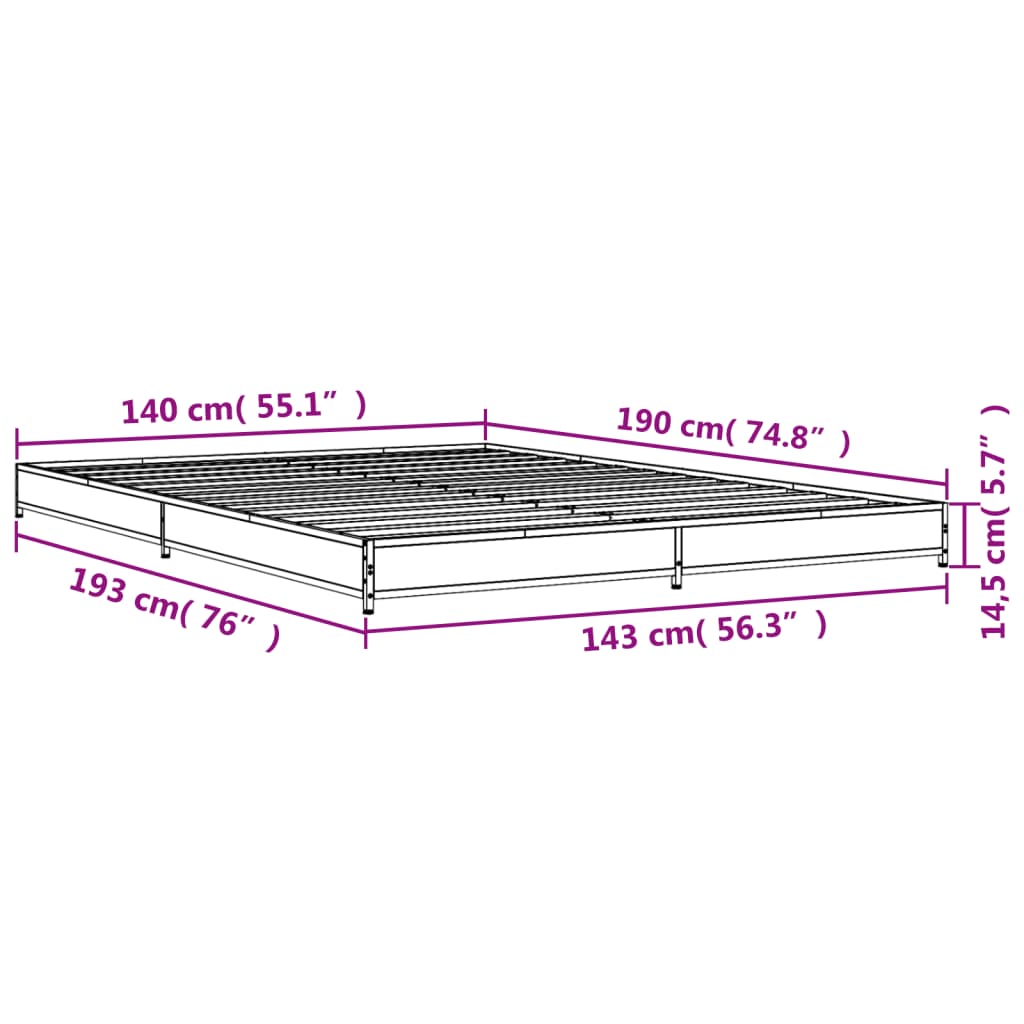 Bed Frame Brown Oak 140x190 cm Engineered Wood and Metal