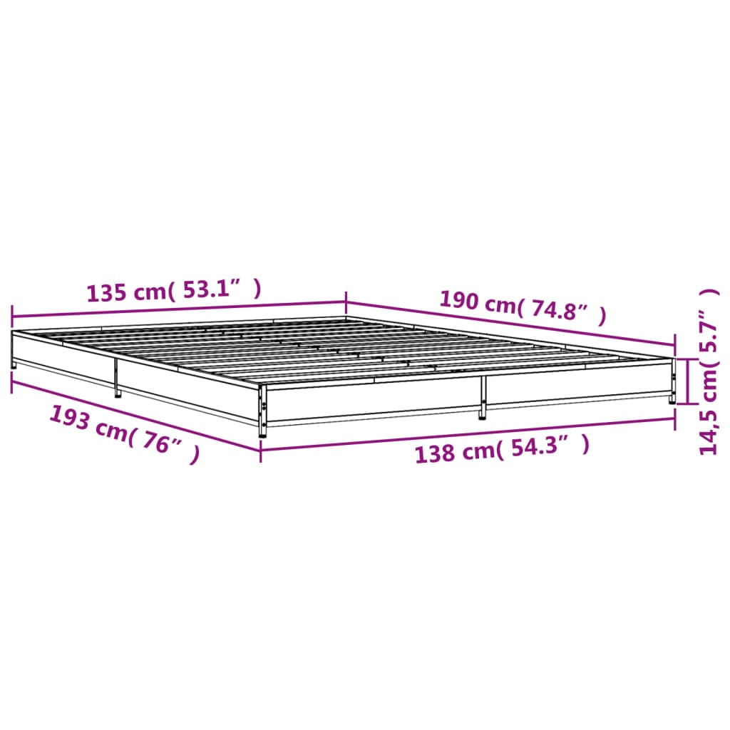 Bed Frame Brown Oak 135x190 cm Double Engineered Wood and Metal