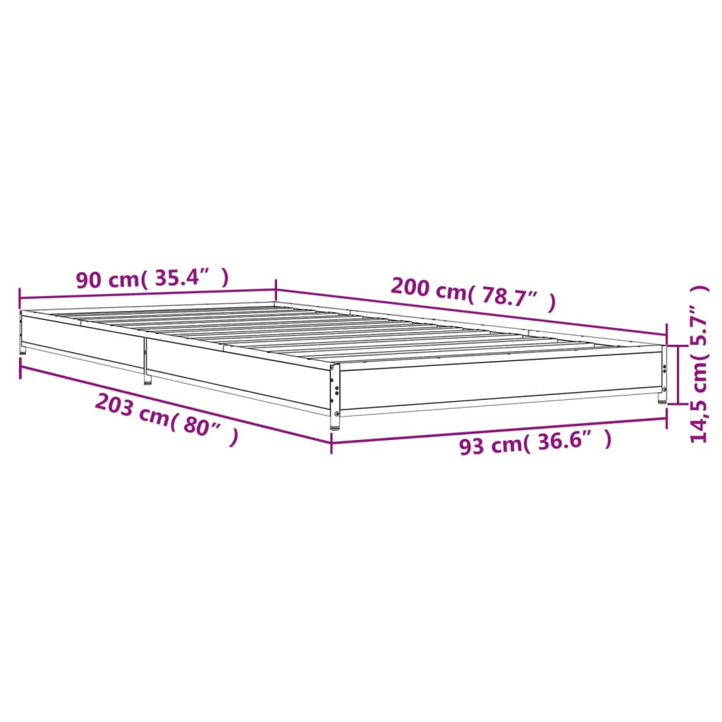 Bed Frame Sonoma Oak 90x200 cm Engineered Wood and Metal