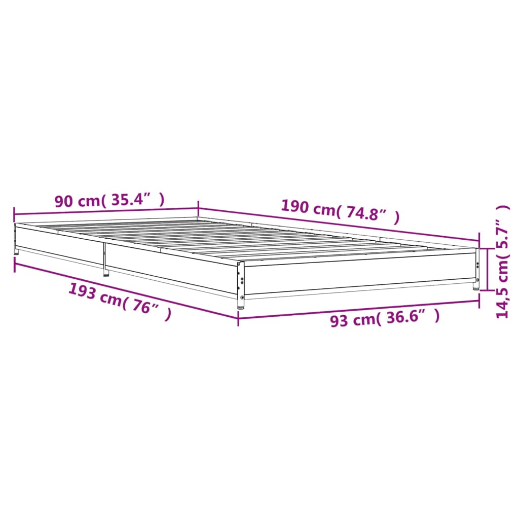 Bed Frame Sonoma Oak 90x190 cm Single Engineered Wood and Metal