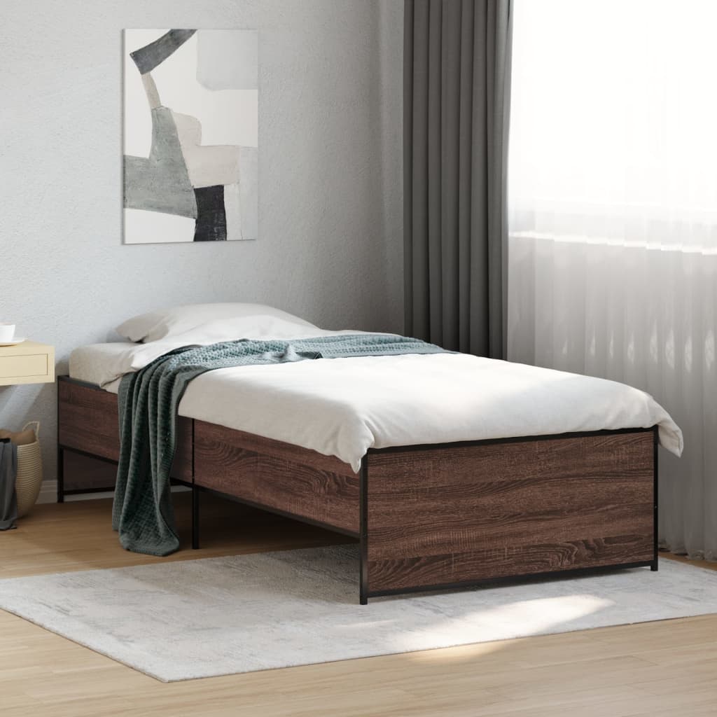 Bed Frame Brown Oak 100x200 cm Engineered Wood and Metal