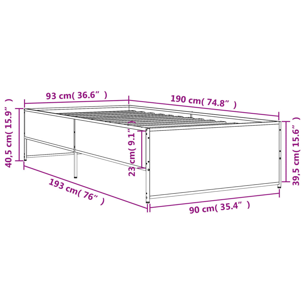 Bed Frame Sonoma Oak 90x190 cm Single Engineered Wood and Metal