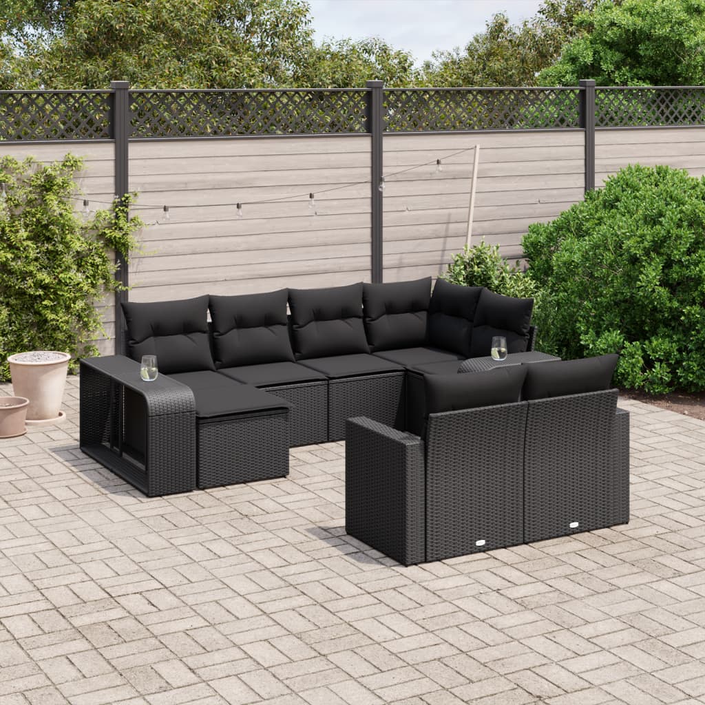 10 Piece Garden Sofa Set with Cushions Black Poly Rattan