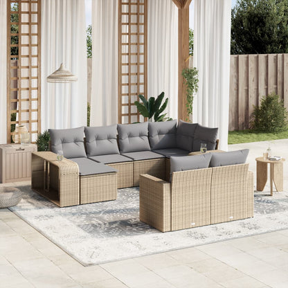 10 Piece Garden Sofa Set with Cushions Beige Poly Rattan