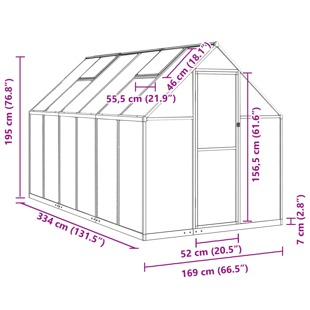 Greenhouse with Base Frame Silver 334x169x195 cm Aluminium