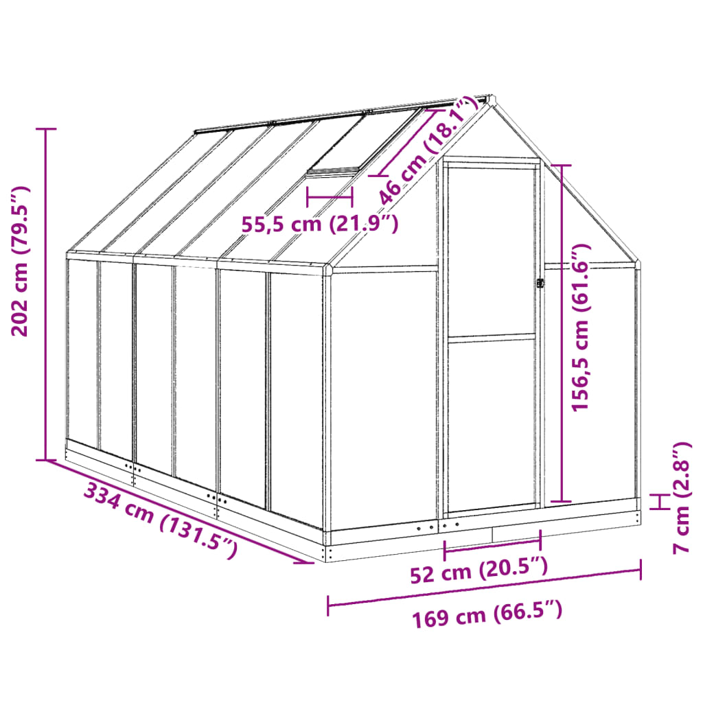 Greenhouse with Base Frame Silver 334x169x202 cm Aluminium