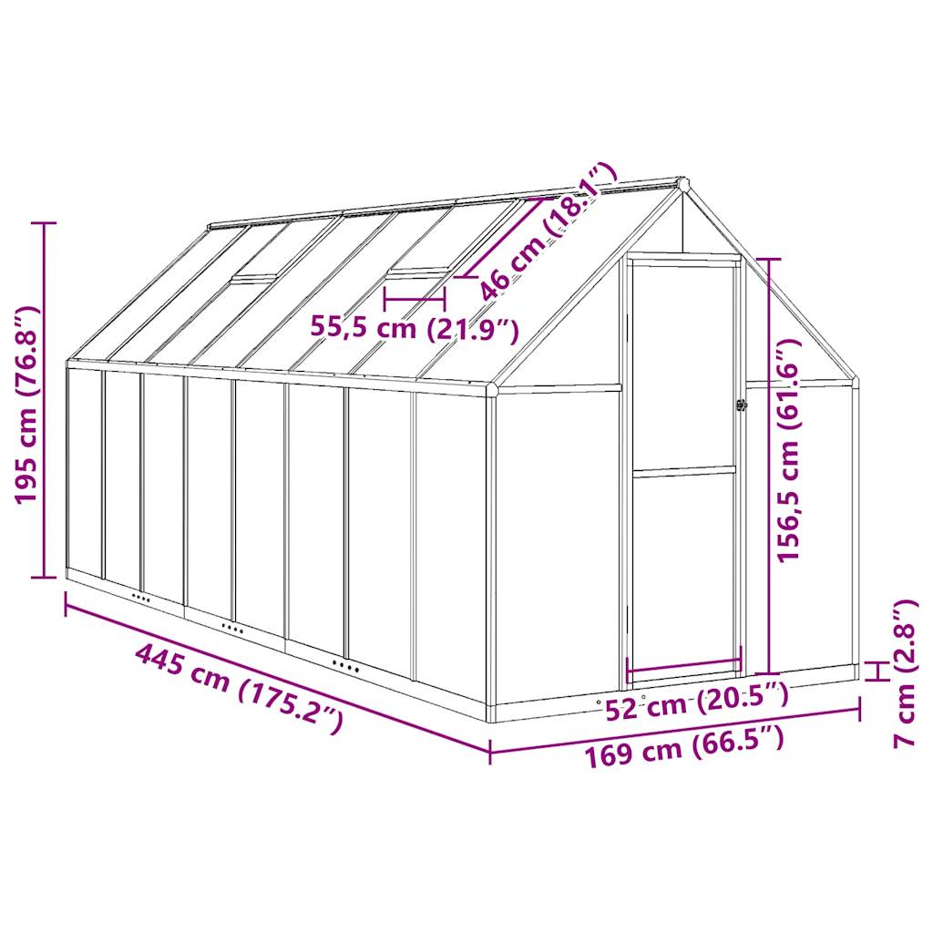 Greenhouse with Base Frame Green 445x169x195 cm Aluminium