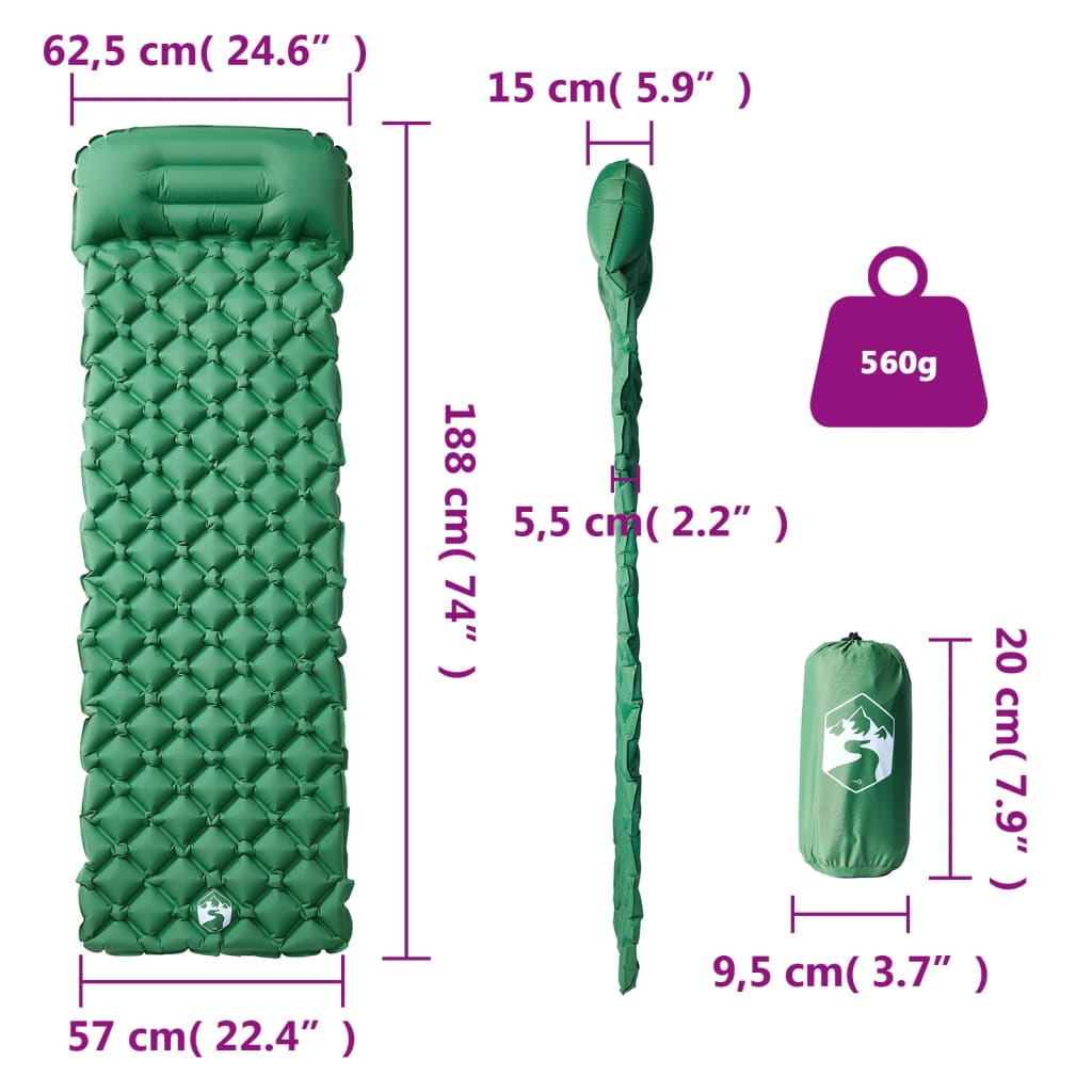 Inflating Camping Mattress with Pillow 1-Person Green