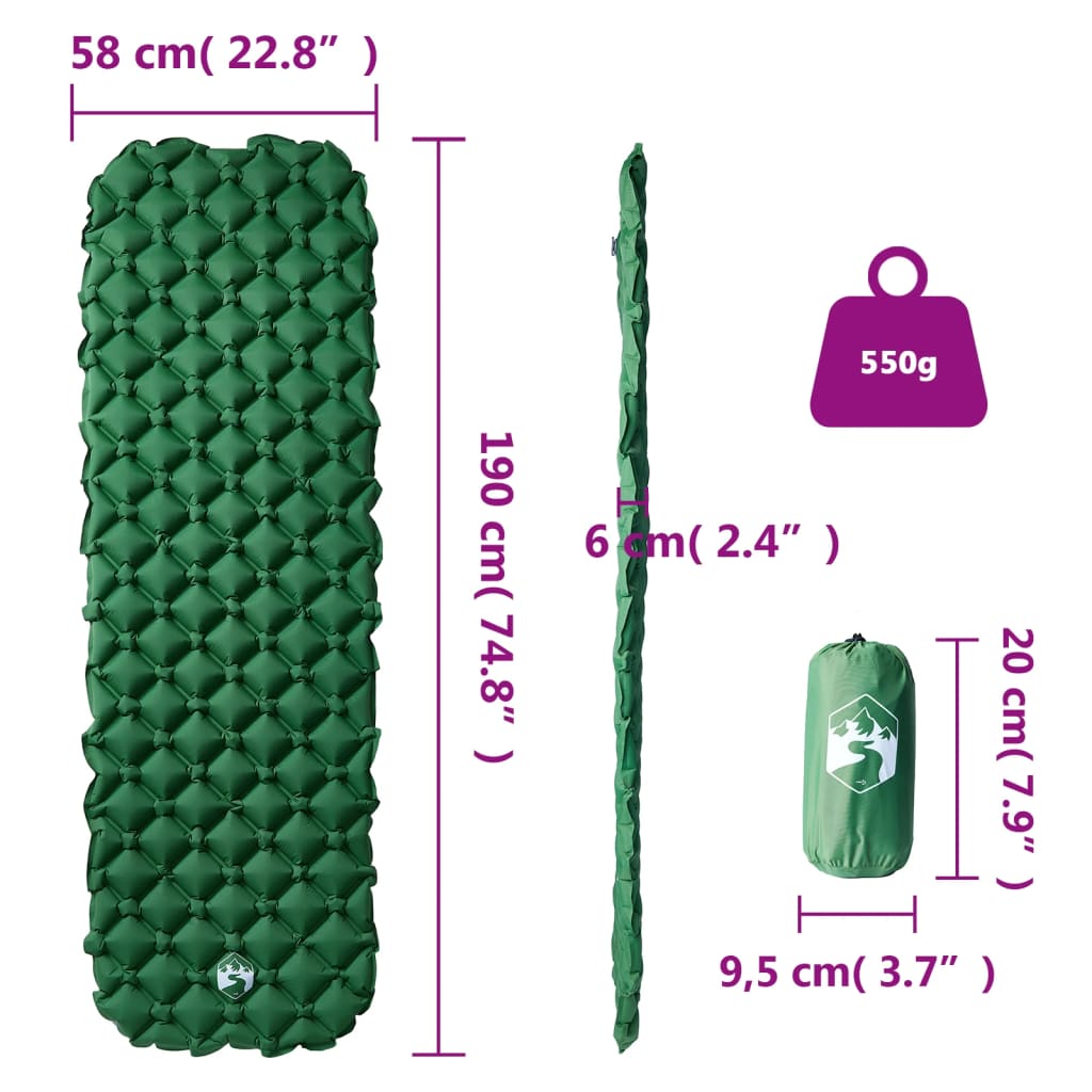 Inflating Camping Mattress 1-Person Green 190x58x6 cm