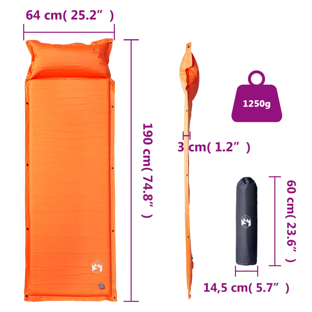 Self Inflating Camping Mattress with Pillow 1-Person Orange