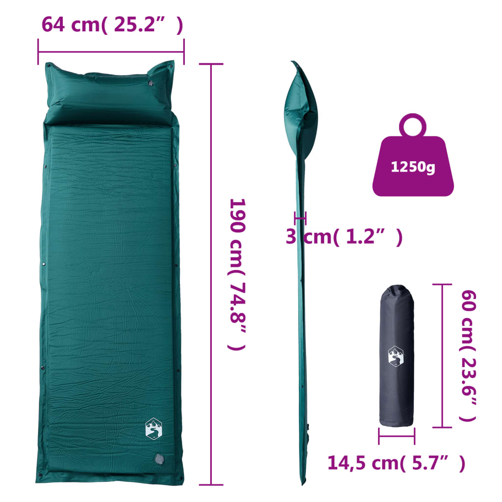 Self Inflating Camping Mattress with Pillow 1-Person Green