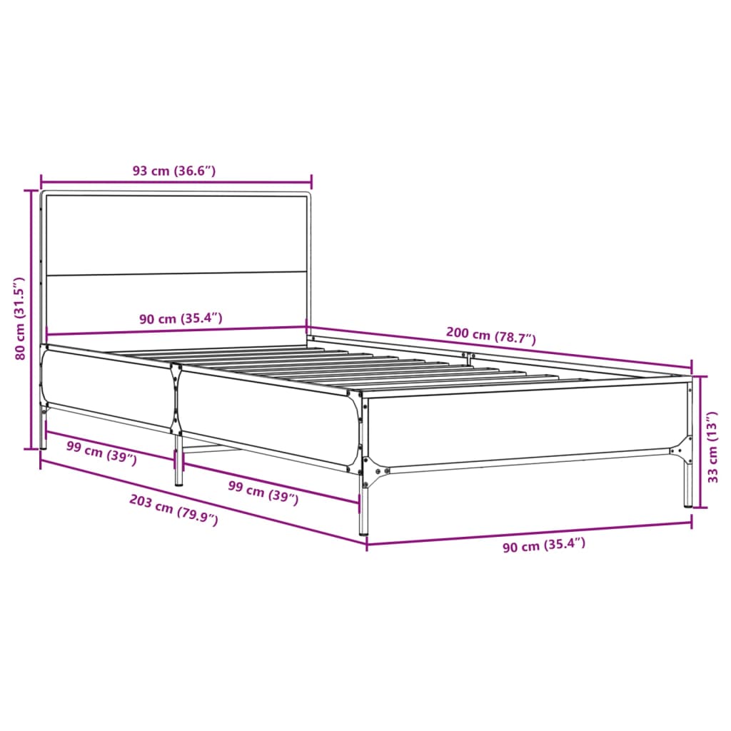 Bed Frame Sonoma Oak 90x200 cm Engineered Wood and Metal