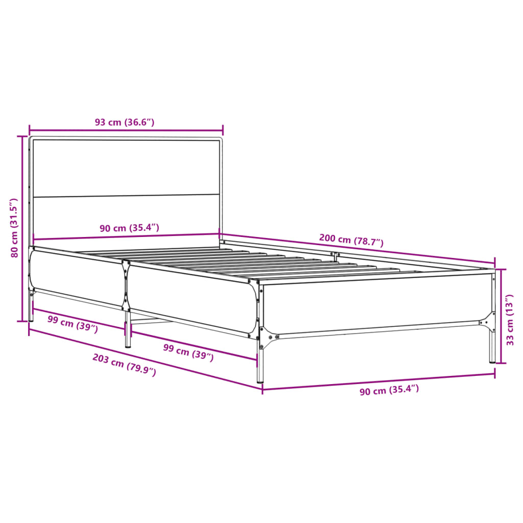 Bed Frame Grey Sonoma 90x200 cm Engineered Wood and Metal