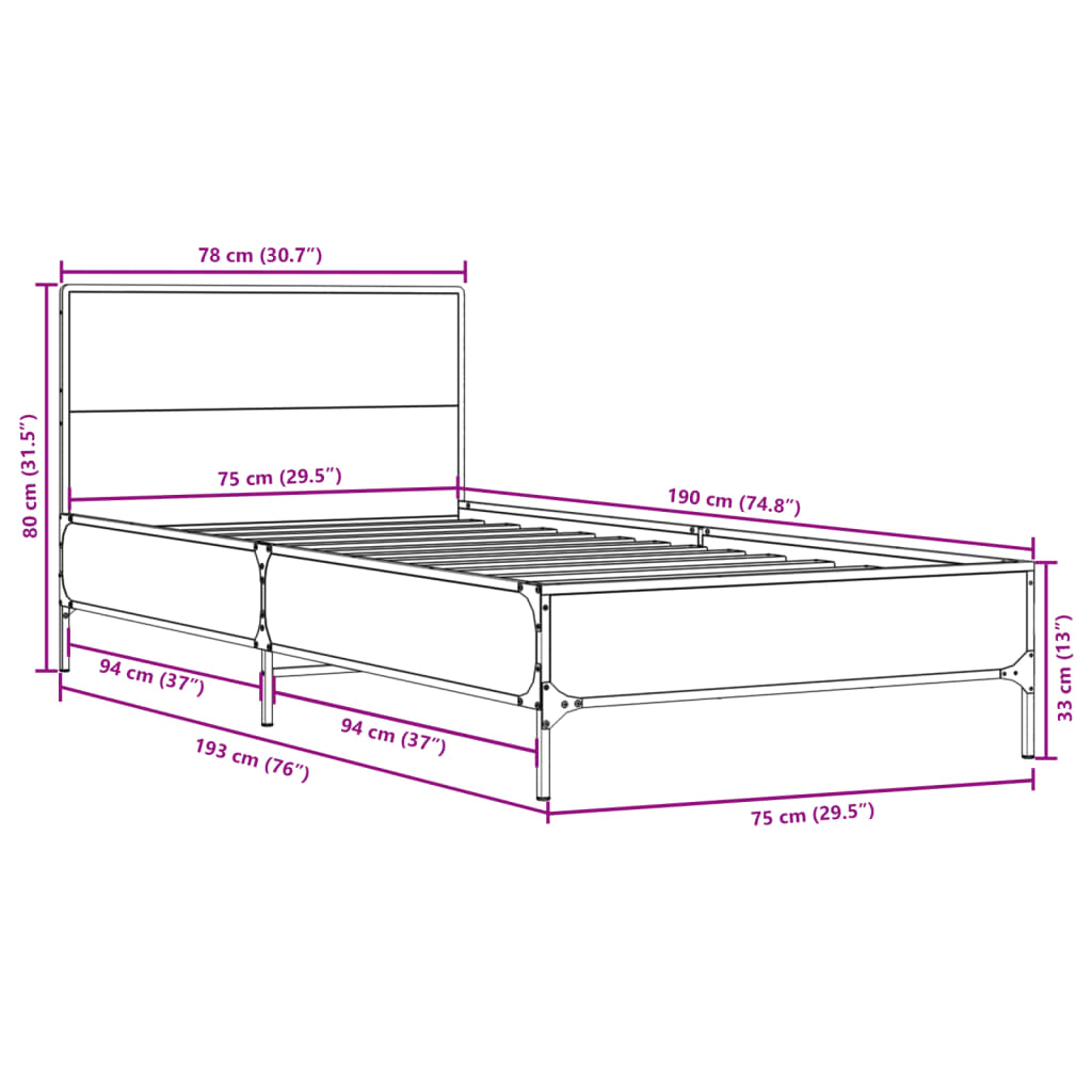 Bed Frame Black 75x190 cm Small Single Engineered Wood and Metal