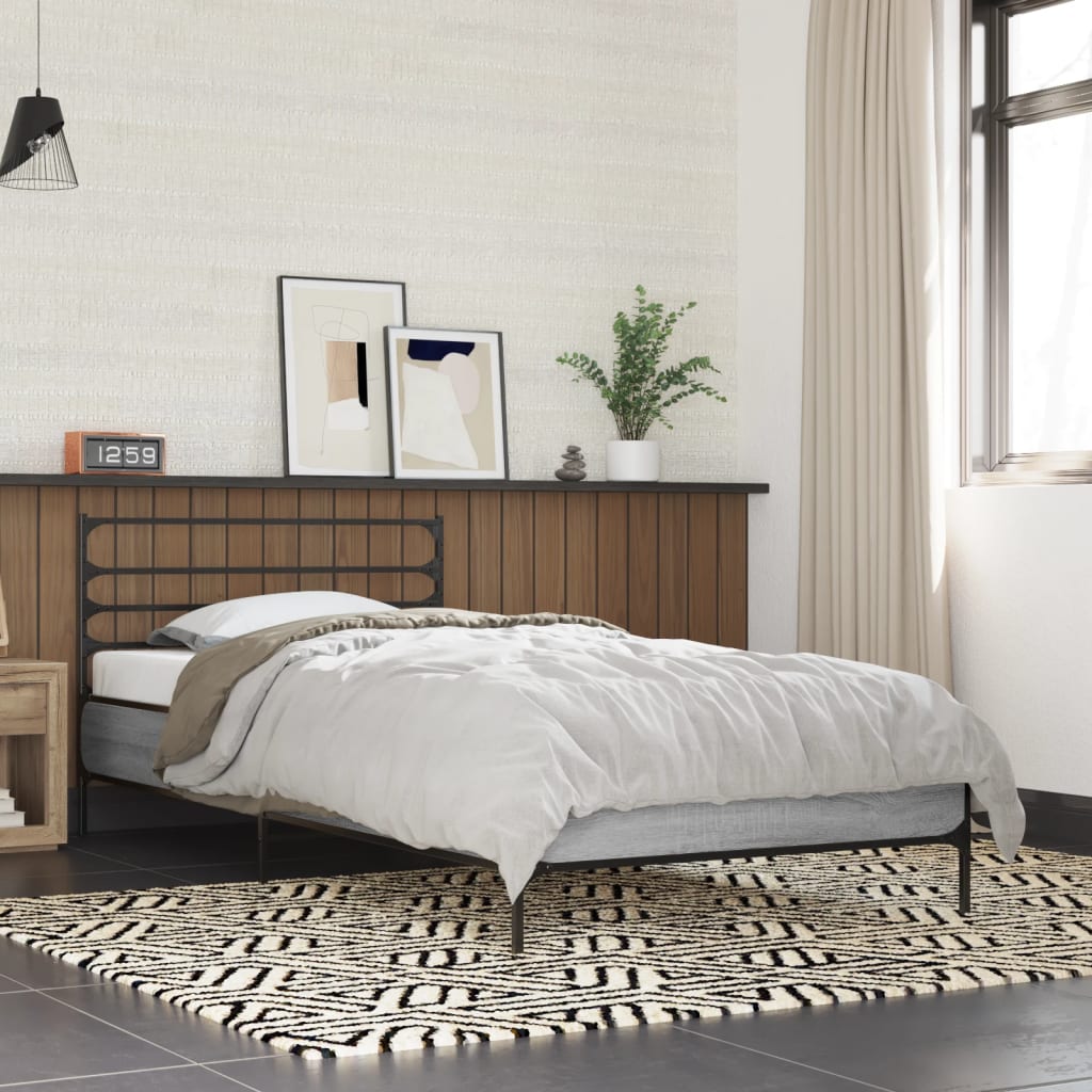 Bed Frame Grey Sonoma 75x190 cm Small Single Engineered Wood and Metal