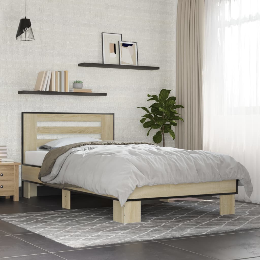 Bed Frame Sonoma Oak 100x200 cm Engineered Wood and Metal