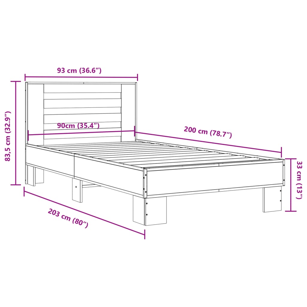 Bed Frame Black 90x200 cm Engineered Wood and Metal