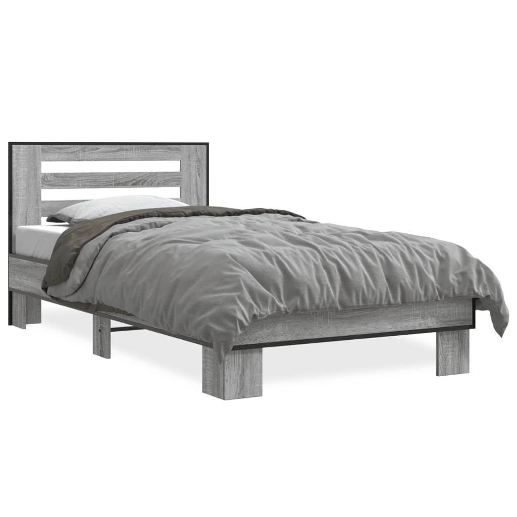 Bed Frame Grey Sonoma 75x190 cm Small Single Engineered Wood and Metal