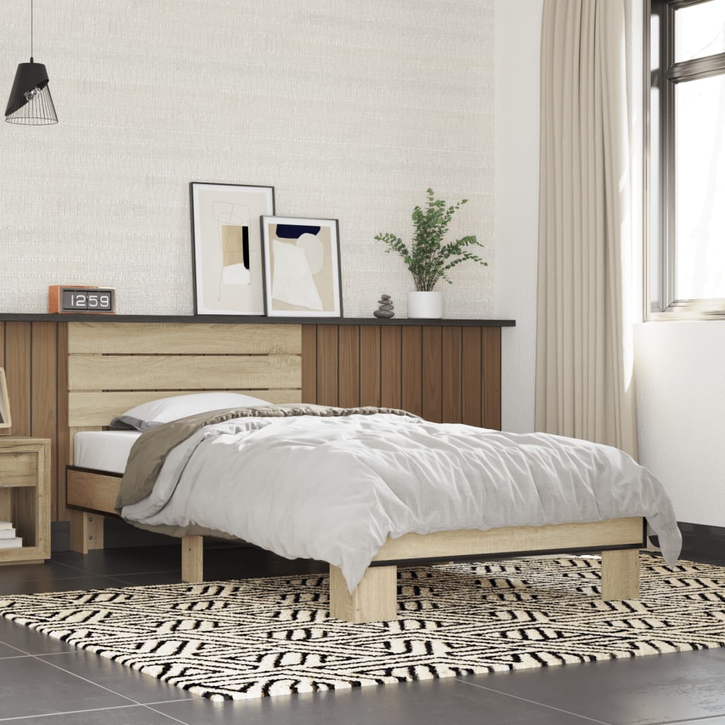 Bed Frame Sonoma Oak 100x200 cm Engineered Wood and Metal