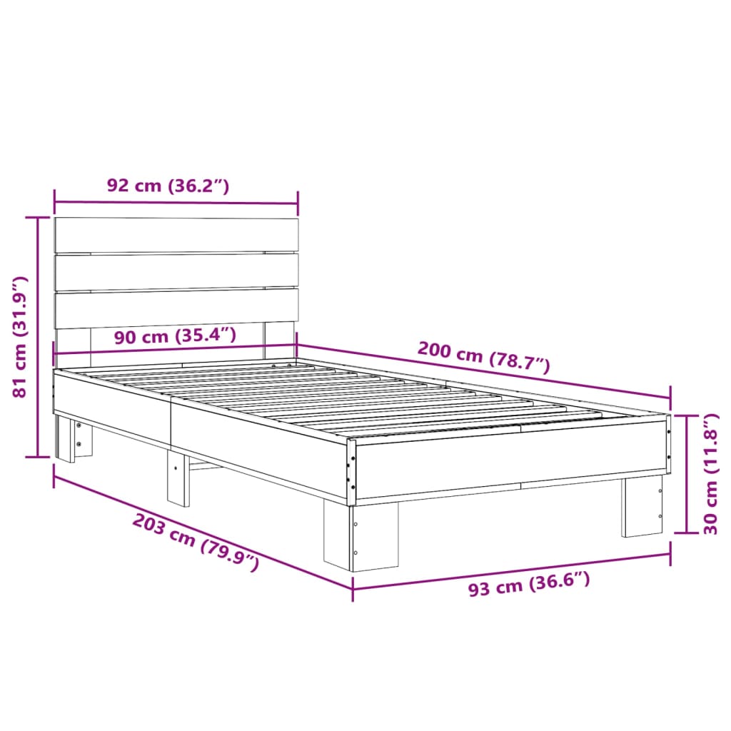 Bed Frame Sonoma Oak 90x200 cm Engineered Wood and Metal