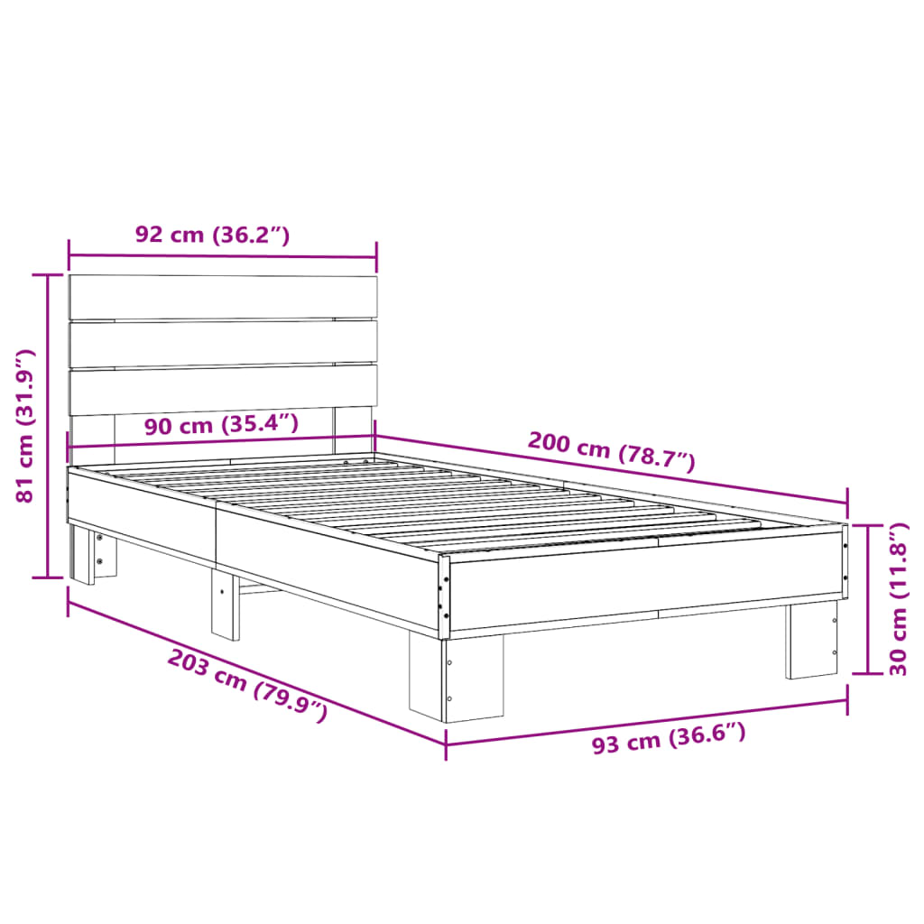 Bed Frame Brown Oak 90x200 cm Engineered Wood and Metal