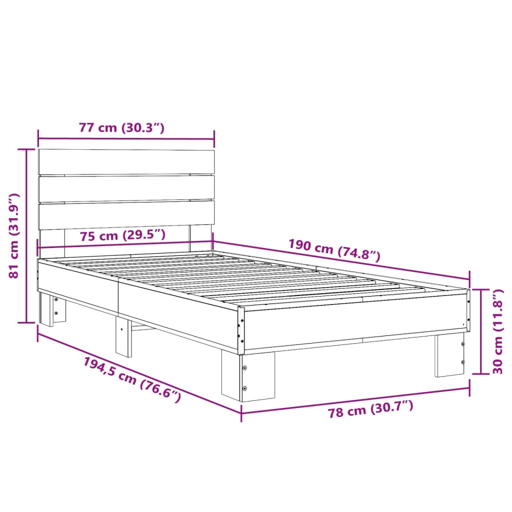 Bed Frame Sonoma Oak 75x190 cm Small Single Engineered Wood and Metal