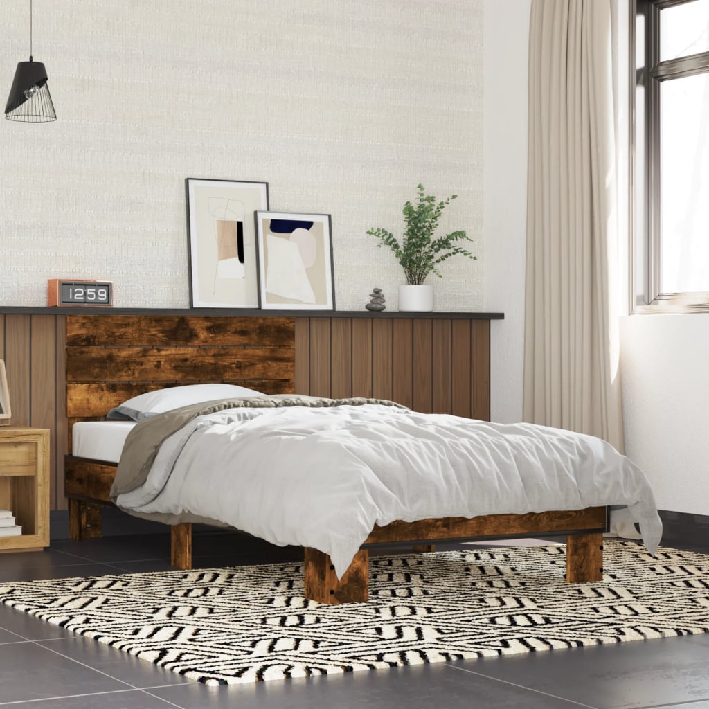 Bed Frame Smoked Oak 75x190 cm Small Single Engineered Wood and Metal