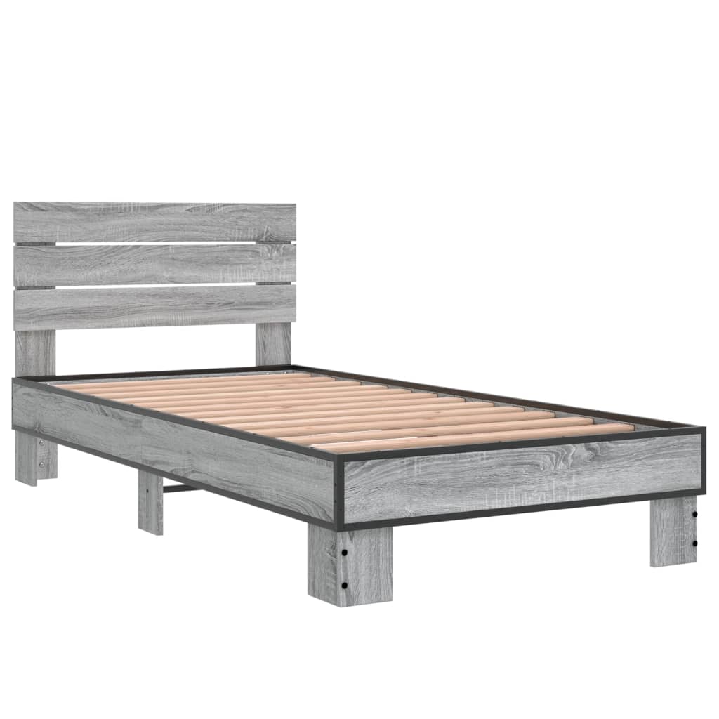 Bed Frame Grey Sonoma 75x190 cm Small Single Engineered Wood and Metal