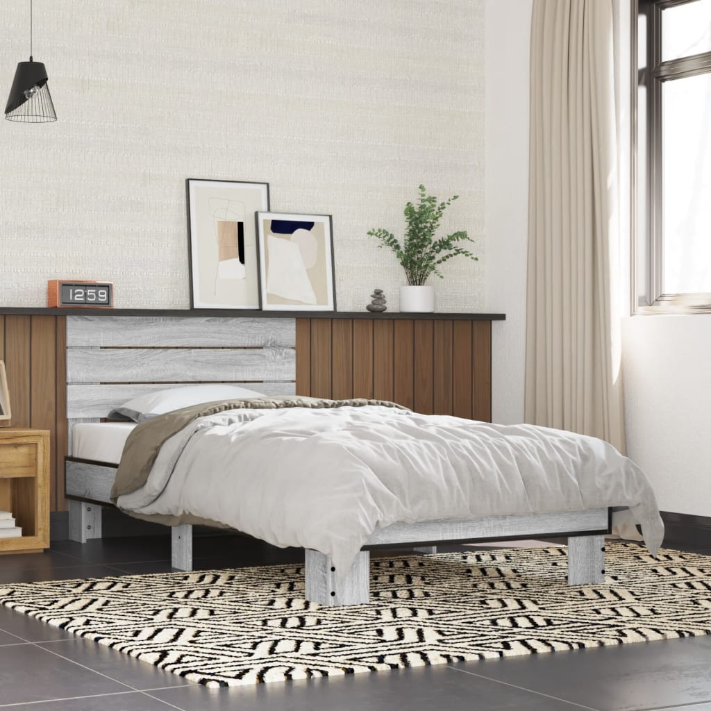 Bed Frame Grey Sonoma 75x190 cm Small Single Engineered Wood and Metal