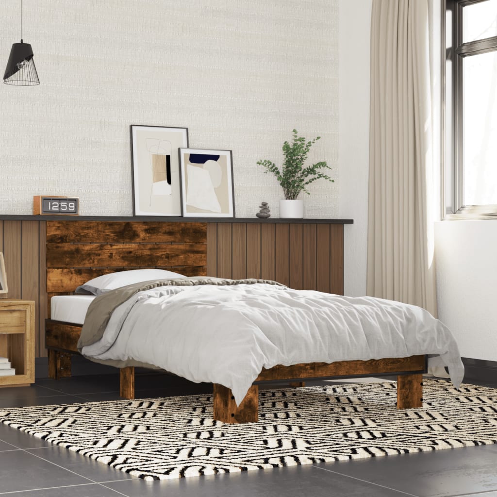 Bed Frame Smoked Oak 90x190 cm Single Engineered Wood and Metal