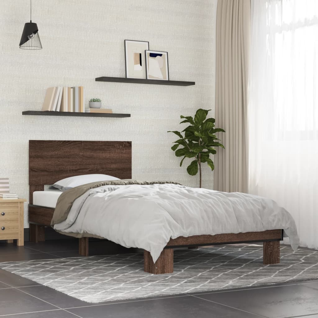 Bed Frame Brown Oak 100x200 cm Engineered Wood and Metal