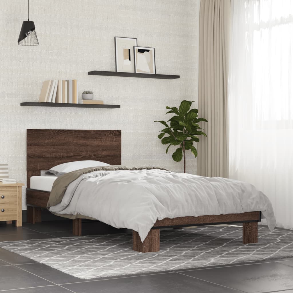 Bed Frame Brown Oak 90x200 cm Engineered Wood and Metal