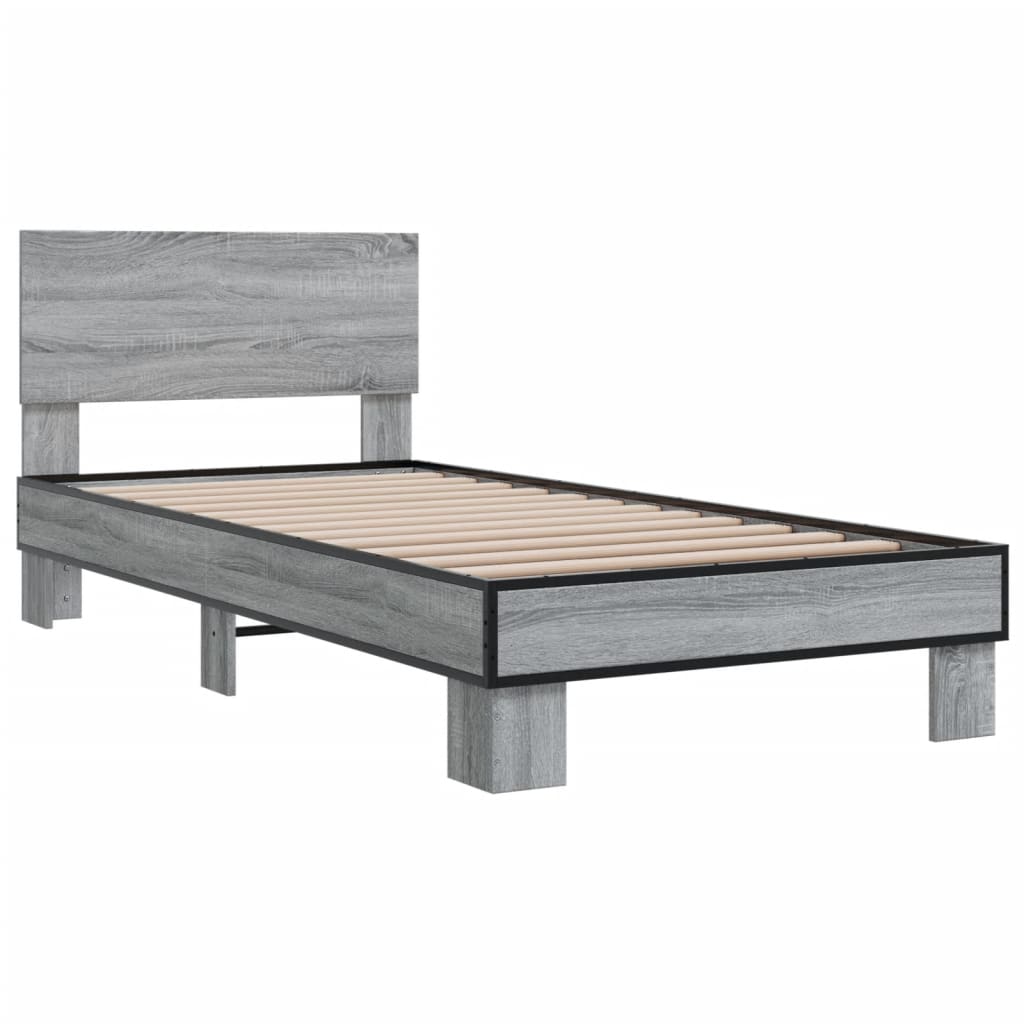 Bed Frame Grey Sonoma 75x190 cm Small Single Engineered Wood and Metal