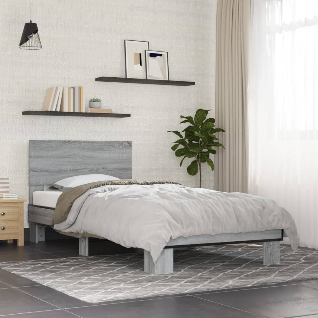 Bed Frame Grey Sonoma 90x190 cm Single Engineered Wood and Metal