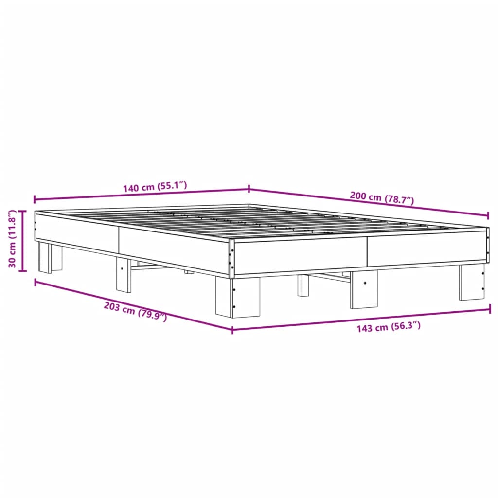 Bed Frame Brown Oak 140x200 cm Engineered Wood and Metal