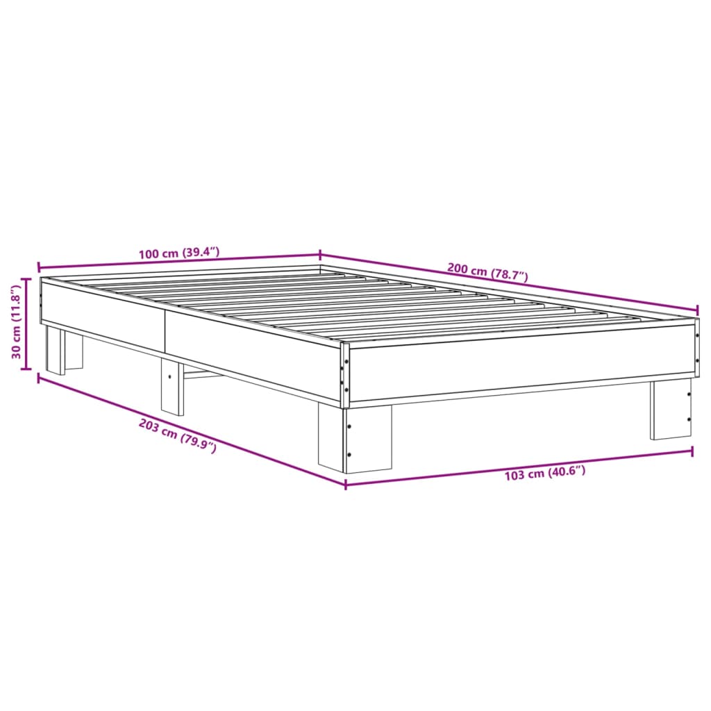 Bed Frame Sonoma Oak 100x200 cm Engineered Wood and Metal