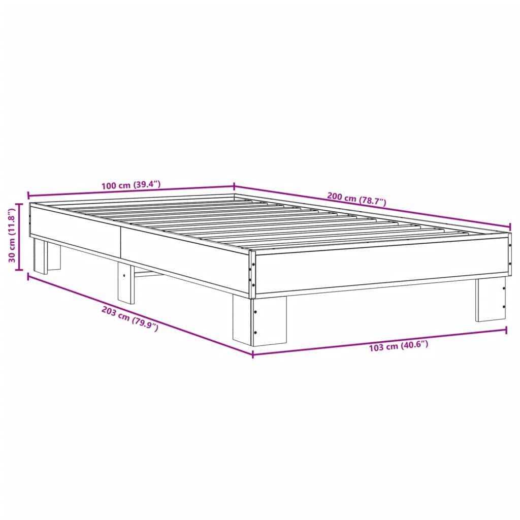 Bed Frame Brown Oak 100x200 cm Engineered Wood and Metal