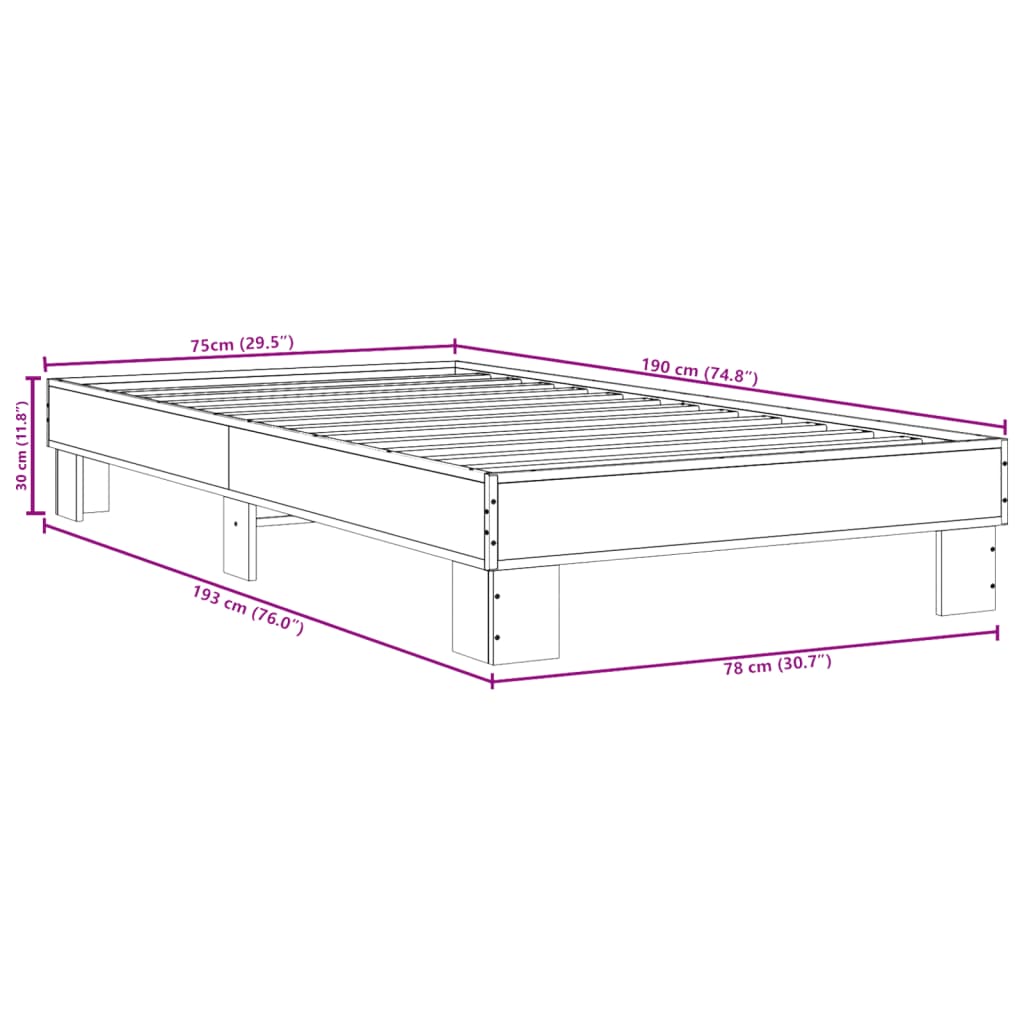 Bed Frame Sonoma Oak 75x190 cm Small Single Engineered Wood and Metal