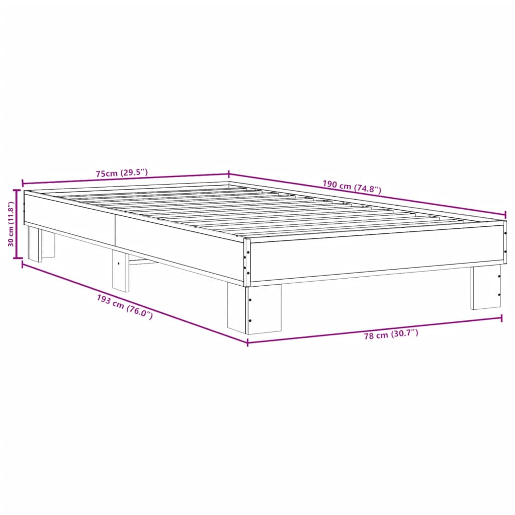 Bed Frame Brown Oak 75x190 cm Small Single Engineered Wood and Metal