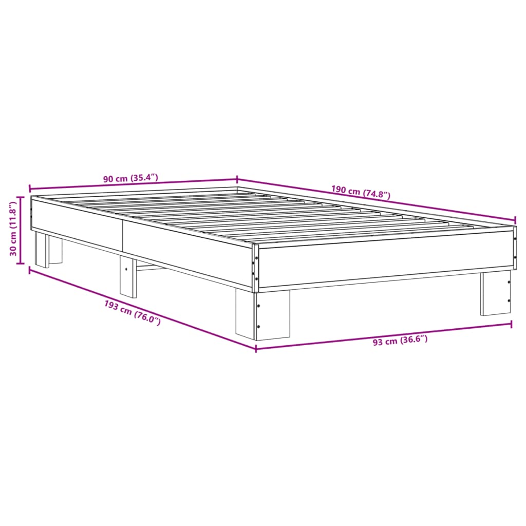 Bed Frame Smoked Oak 90x190 cm Single Engineered Wood and Metal